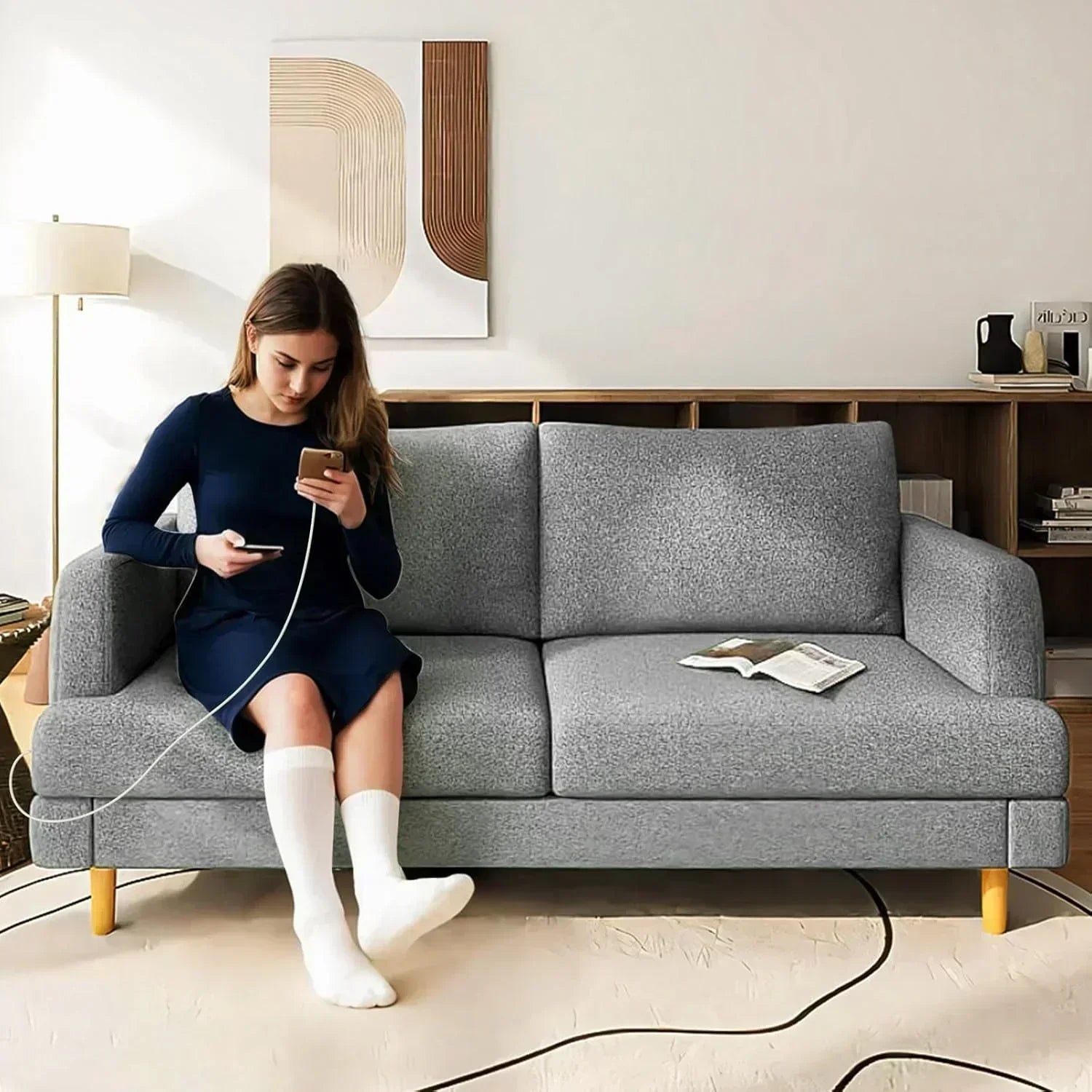 Loveseat Sofa Couch for Living Room with USB Type C Ports Dark Gray Upholstered Small Couches