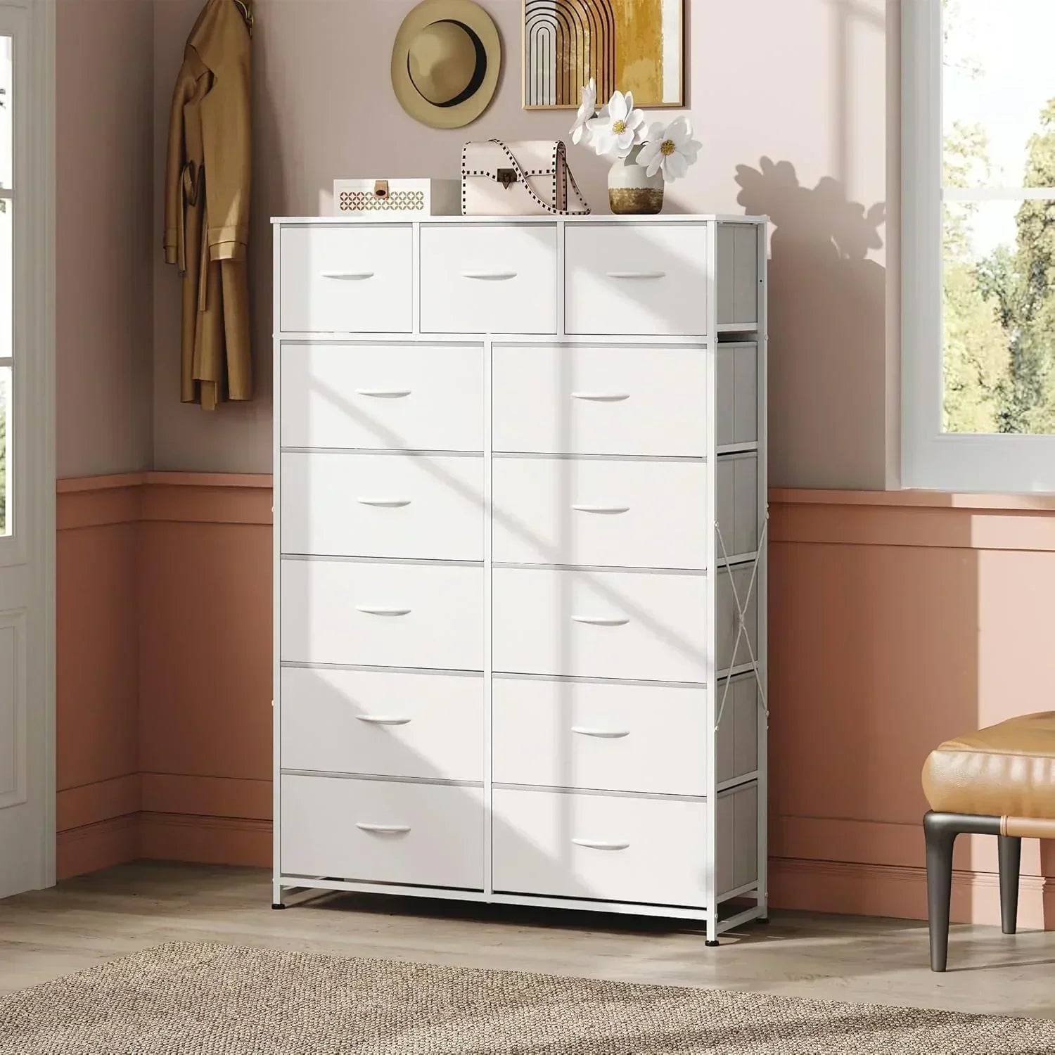 WLIVE Storage Organizer Unit with 13 Fabric Bins Storage Drawers Organizer with Steel Frame