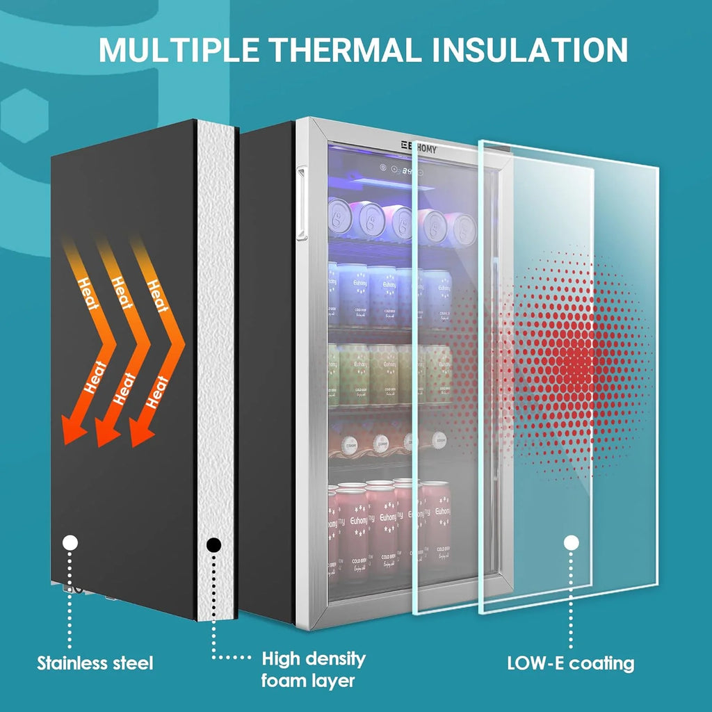 EUHOMY Beverage Refrigerator Cooler, 130 Can Mini Fridge with Glass Door for Soda Beer or Wine, Beverage Cooler for Home, Office, Bar with Adjustable Removable Shelves, Silver