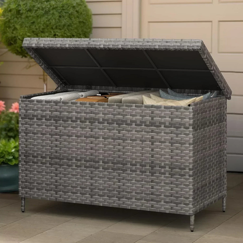 DWVO 70Gal Outdoor Storage Bench with Cushion Composite Wood Backrest Wicker Deck Bench