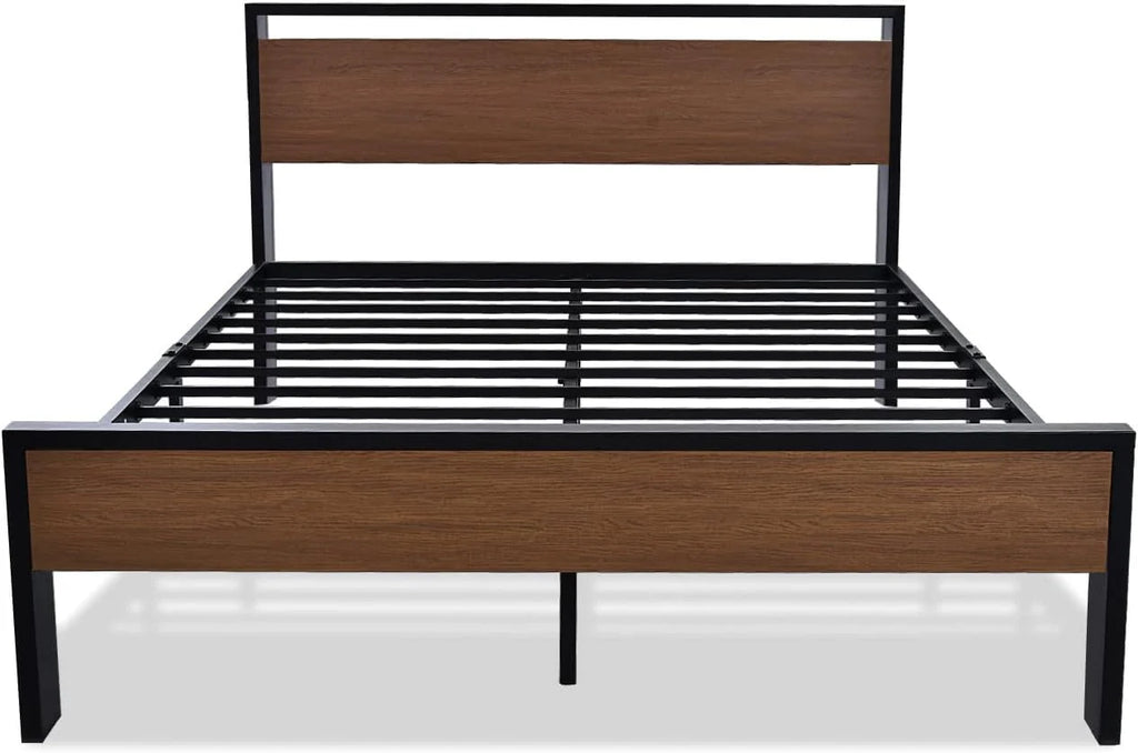 SHA CERLIN 14 Inch Queen Size Metal Platform Bed Frame with Wooden Headboard and Footboard