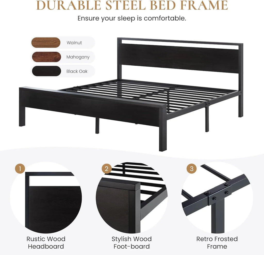 SHA CERLIN 14 Inch Full Size Metal Platform Bed Frame with Wooden Headboard and Footboard