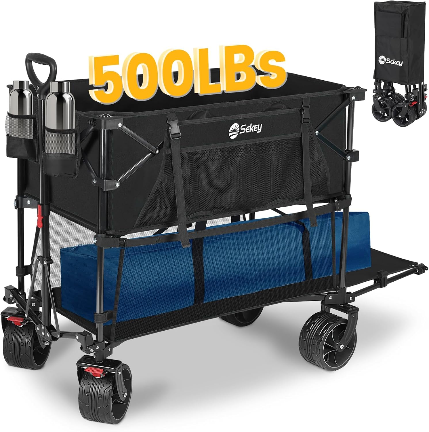 400L Large Capacity Folding Double Decker Wagon with Brakes, 50 Extra Long Extender Cart, 500lbs Heavy Duty Collapsible Wagons