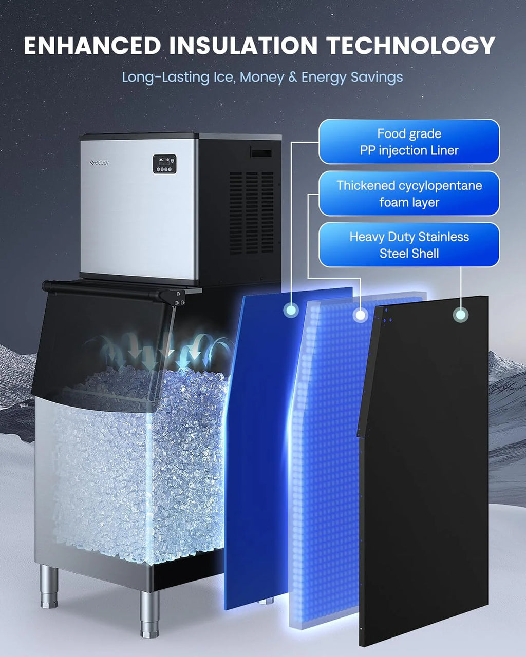 ecozy Portable Ice Maker Countertop, 9 Cubes Ready in 6 Mins, 26 lbs in 24 Hours, Self-Cleaning Machine