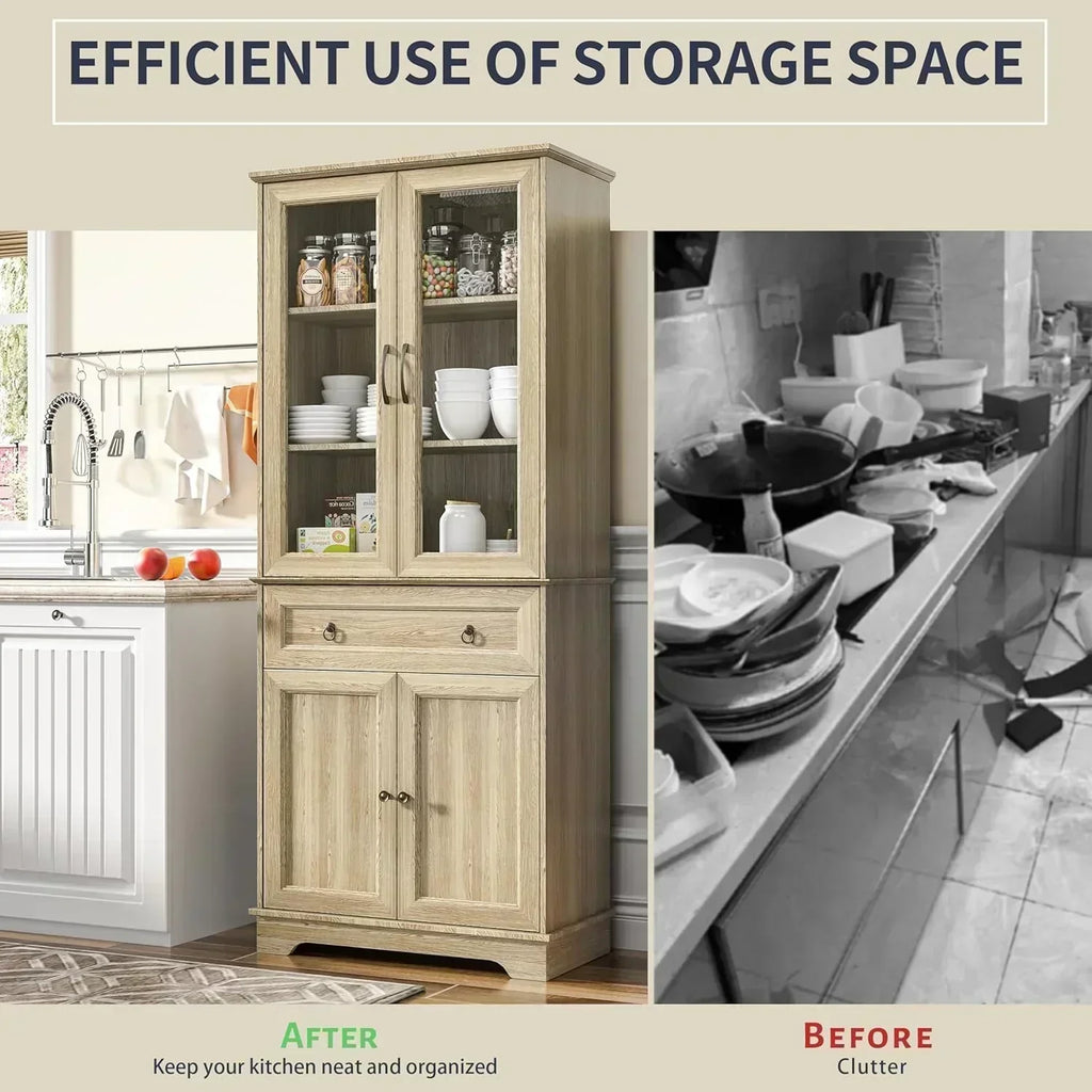 Kitchen Hutch Pantry Cabinet 71 Tall with Glass Doors