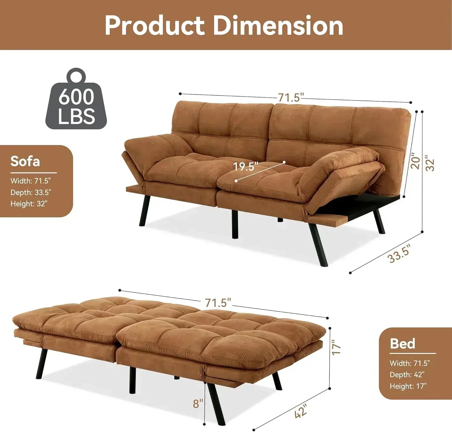 Brown loveseat convertible sofa memory foam futon sofa bed modern sleeper sofa