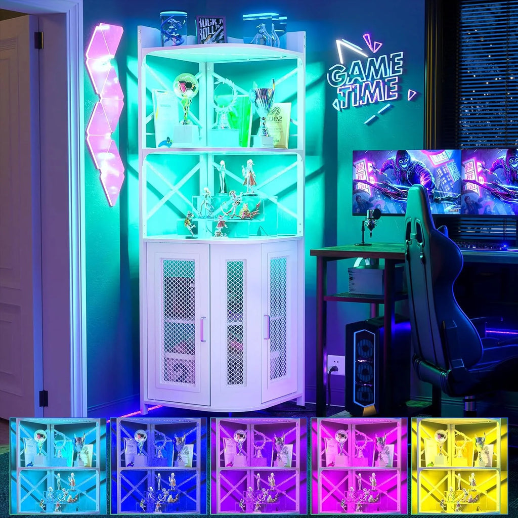 Aheaplus Corner Bar Cabinet with Power Outlet, Industrial Wine Cabinet with LED Strip and Glass Holder, 5-Tiers Liquor Cabinet Bar Unit for Home, Corner Display Cabinet for Small Space, White Oak
