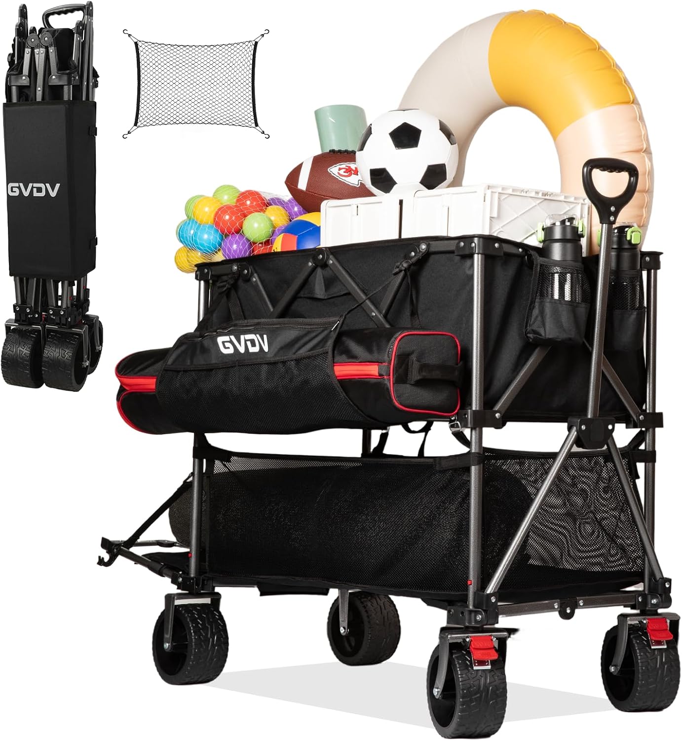 Double-decker cart, 500 lb capacity, 400 liter foldable cart, all-terrain wheels, 46 extra-long extension cart, foldable cart
