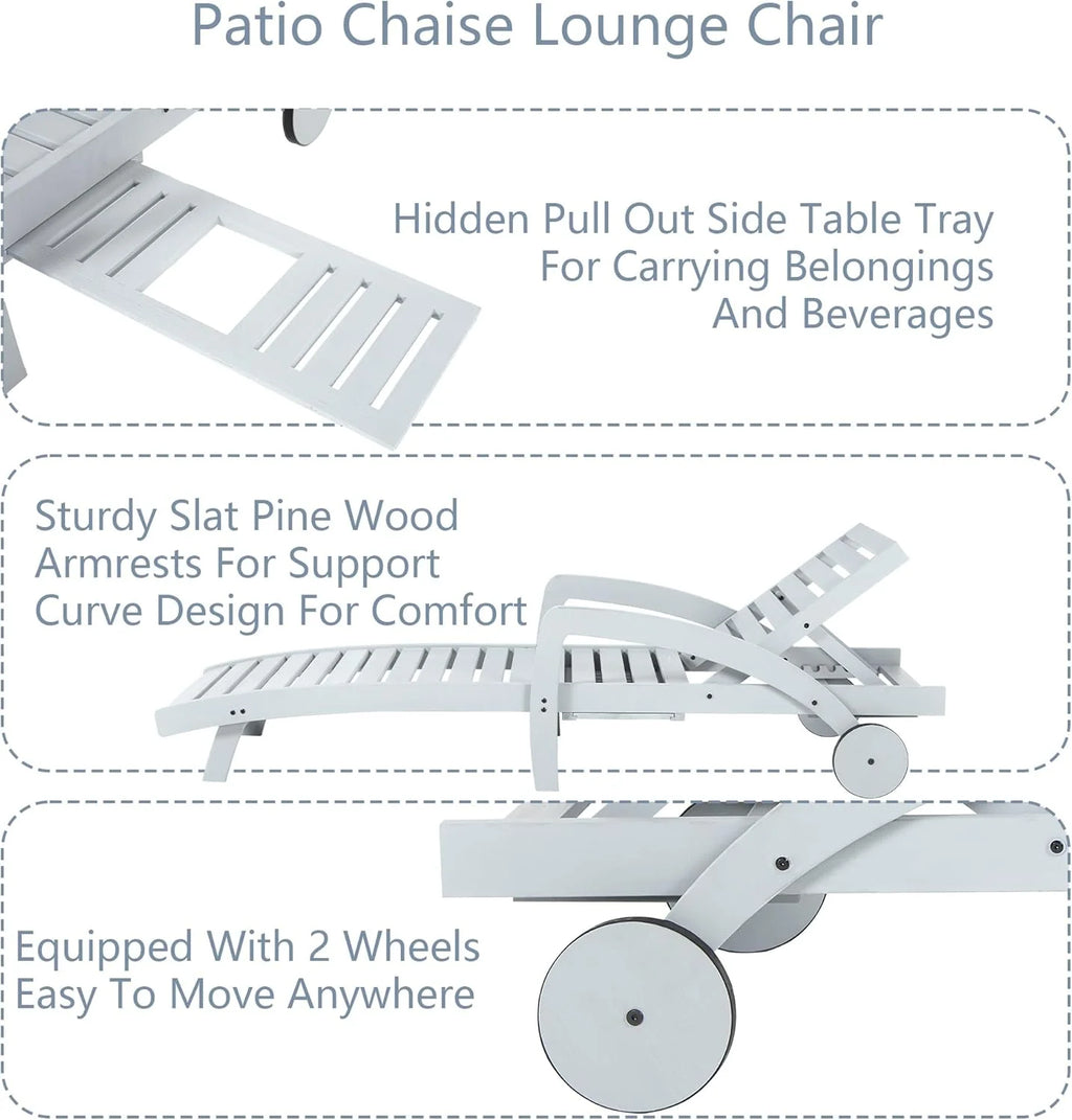 Pool Chaise Lounge Chairs Set of 4 5-Position Adjustable Outdoor Patio Lounge Chairs Wood Reclining Chaise Lounger Chair with Pullout Side Table