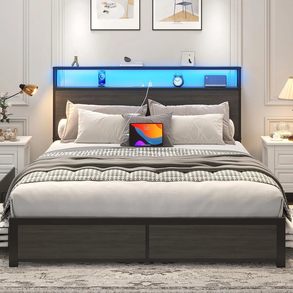 Lifezone Queen Bed Frame with 2-Tier Storage Headboard, Metal Platform Bed Frame with 4 Storage Drawers, Built in Charging Station & LED, Noise-Free/Metal Support/No Box Spring Needed