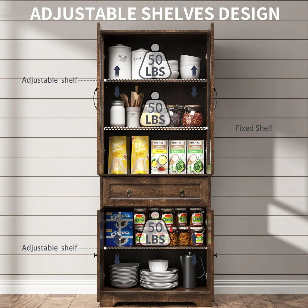 Kitchen Hutch Pantry Cabinet 71 Tall with Glass Doors