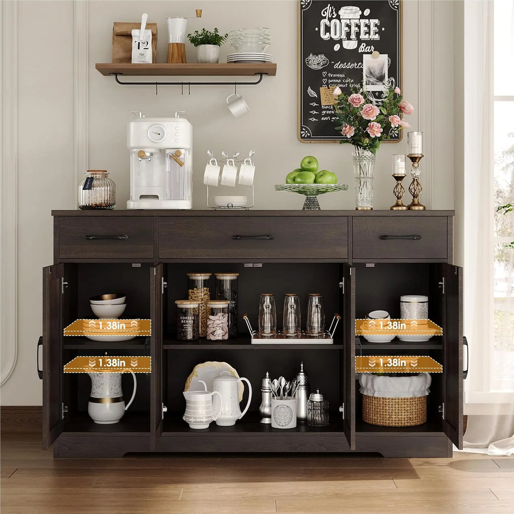 HOSTACK Buffet Cabinet with Drawers, 55 Large Sideboard Buffet Storage Cabinet with Shelves and Doors, Modern Farmhouse Coffee Bar Station Wood Kitchen Table for Kitchen, Dining Room, White/Rustic
