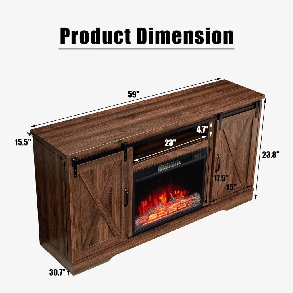AMERLIFE Fireplace TV Stand with Sliding Barn Door for TVs up to 73, Farmhouse 63 Fireplace Entertainment Center with Storage Cabinets/Adjustable Shelves