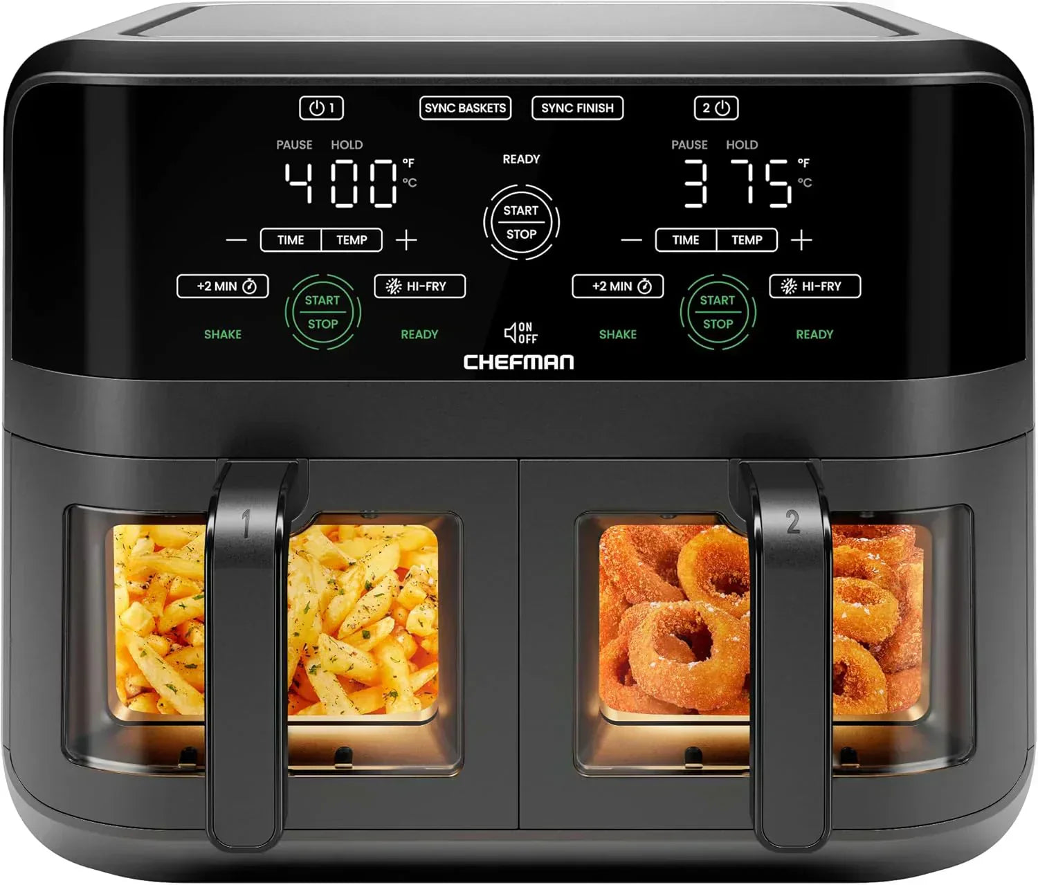 Chefman 6-Quart Double Basket Air Fryer Easy View Window uses two separate nonstick pans