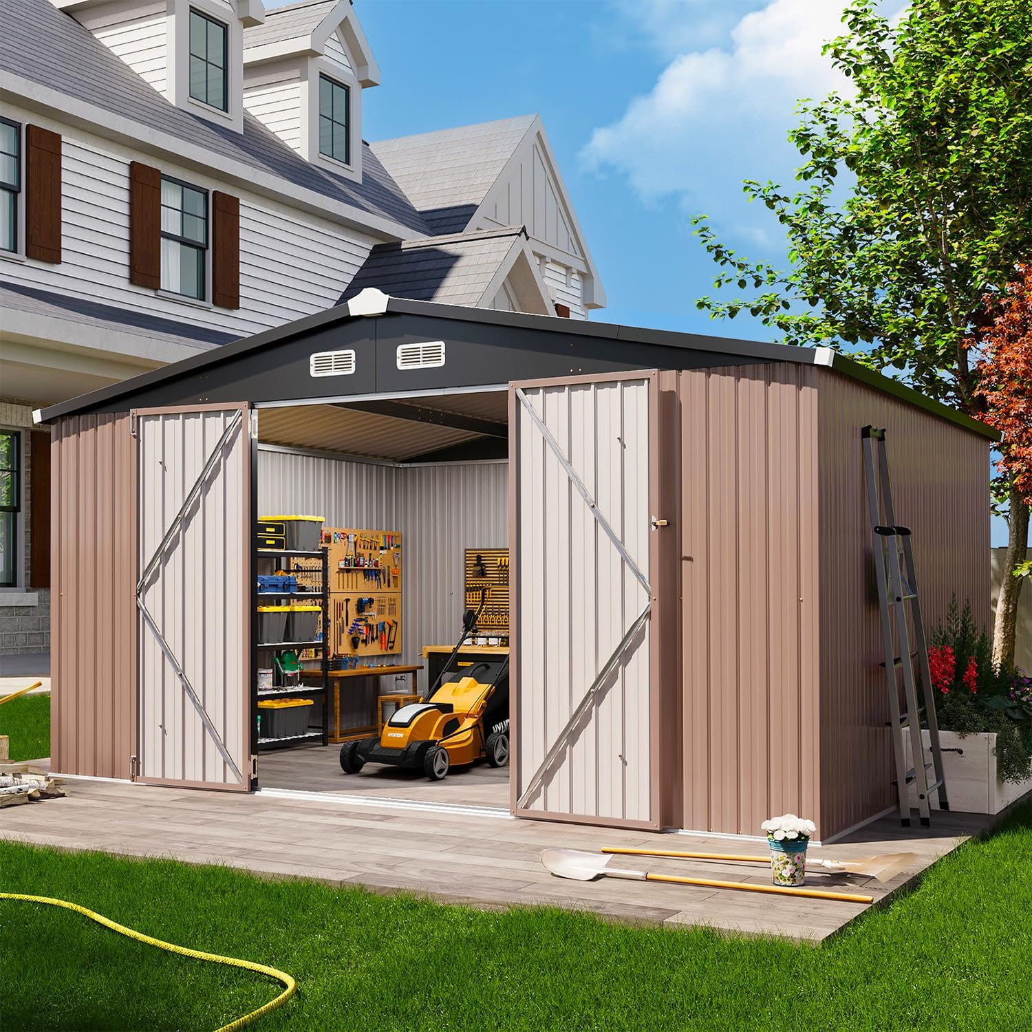 Aoxun 12x10 FT Shed Metal Outdoor Waterproof Storage Shed Steel Utility Garden Tool Shed
