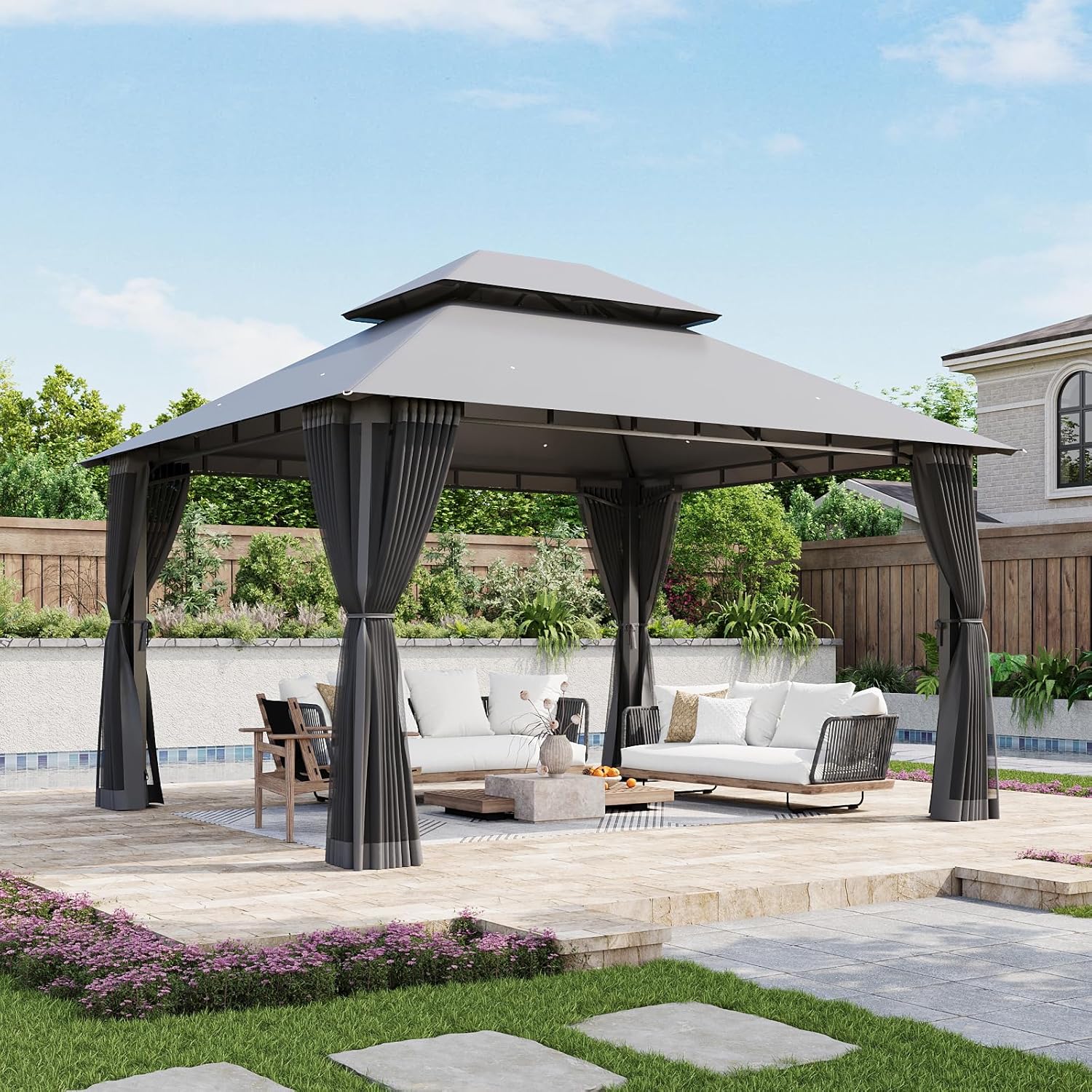 Aoxun Outdoor Gazebo for Patio 10x12, Metal Frame Canopy with Double Roofs