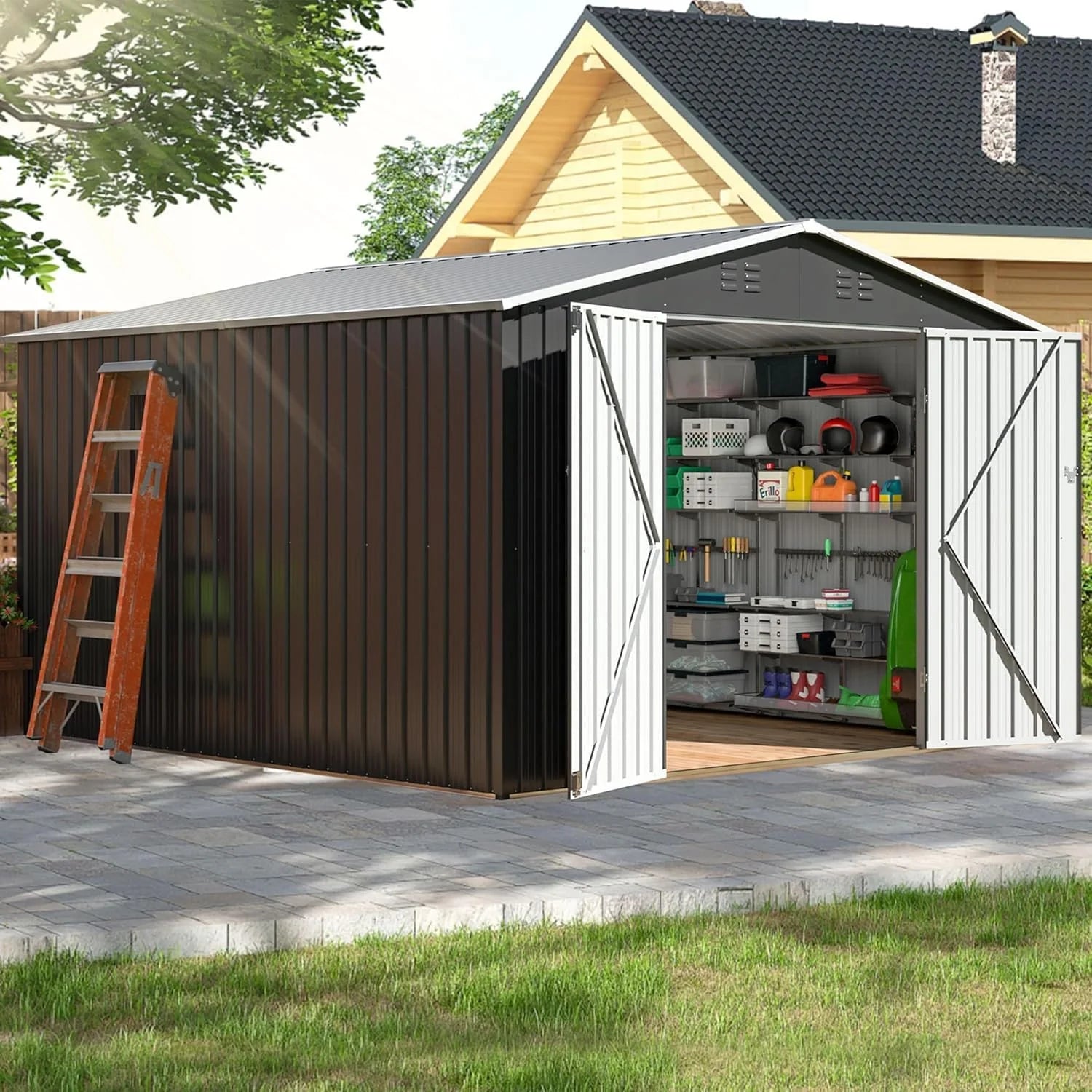 Polar Aurora 8 x 12 FT Outdoor Storage Shed, Metal Garden Shed with Updated Frame Structure, Tool Sheds for Backyard Garden Patio Lawn Black