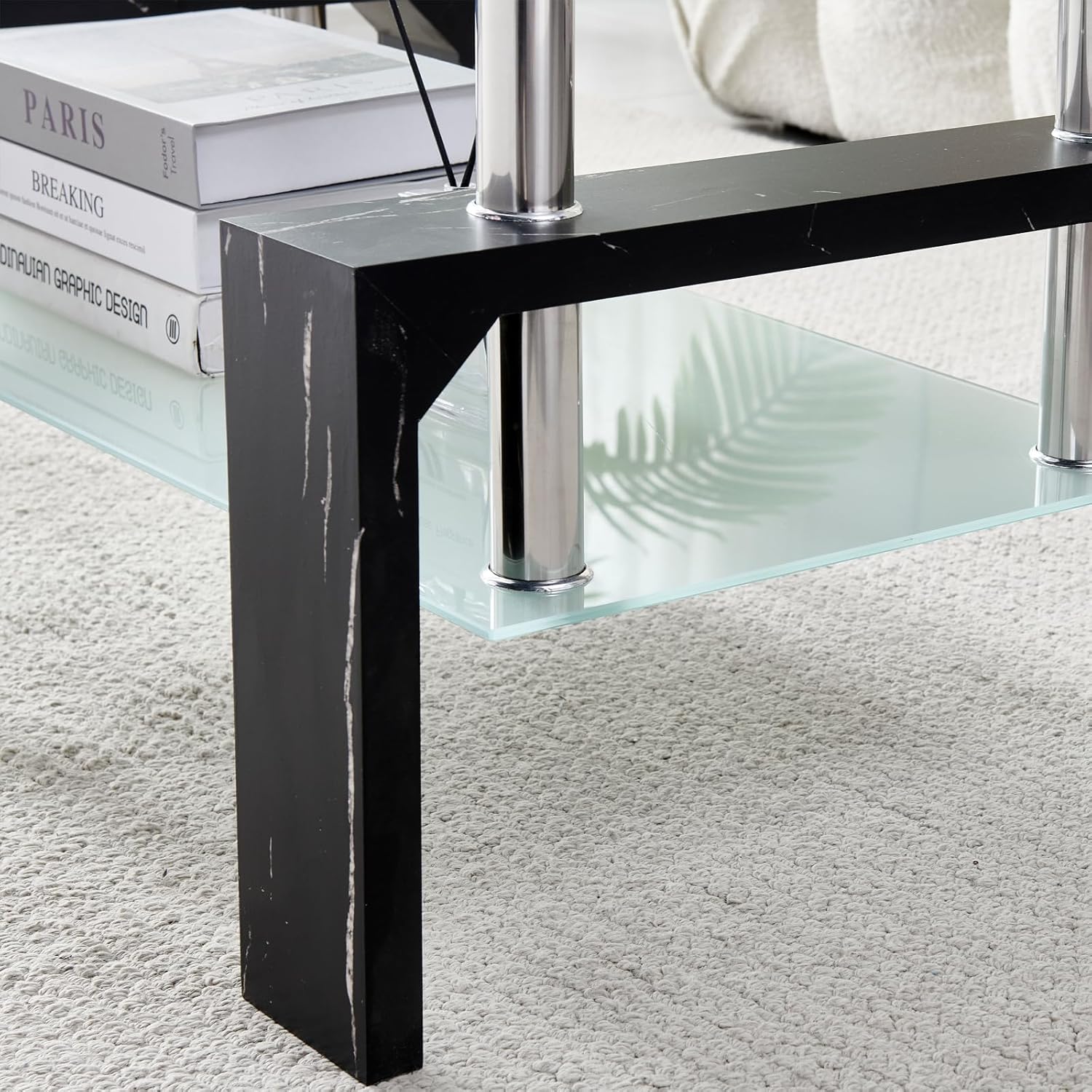 Living Room Rectangle Coffee Table, Tea Table Suitable for Waiting Room, Modern Side Coffee Table with Wooden Leg, Glass Tabletop