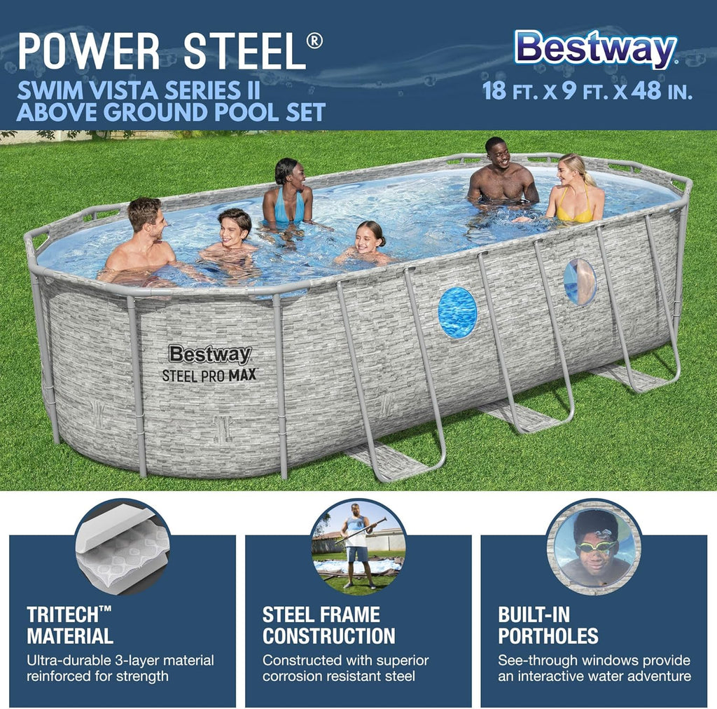 Power Steel Swim Vista Series II 14' x 8' 2 x 39.5 Above Ground Outdoor Swimming Pool Set with 530 GPH Filter Pump, Ladder, and Pool Cover
