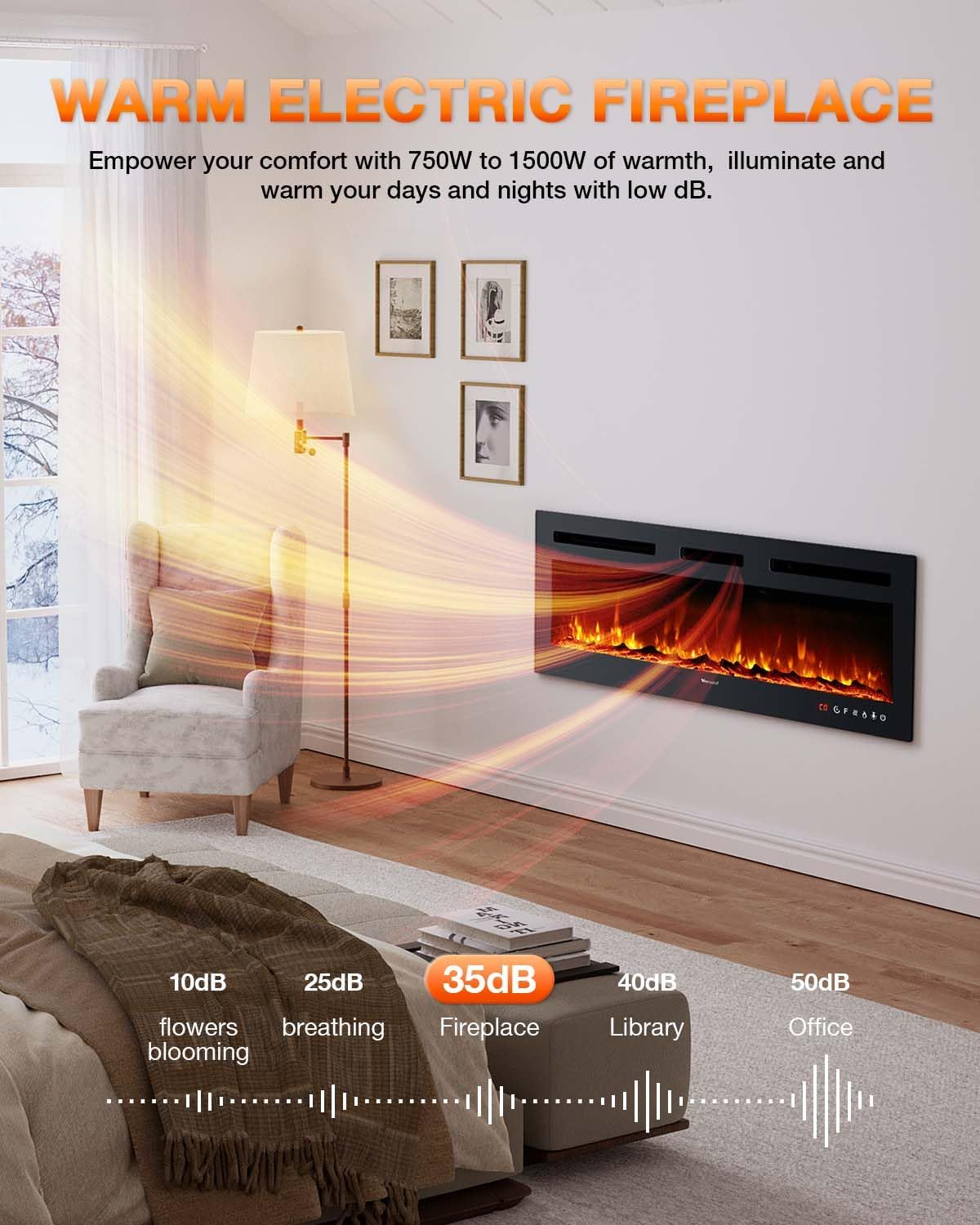 Electric Fireplace 60Inch,Wall Mounted Electric Fireplace Heater with Timer Inserts��TV Stand Touch Screen and Realistic Flame,Log Set,Crystal Flames 750 to 1500W��Remote for Living Room