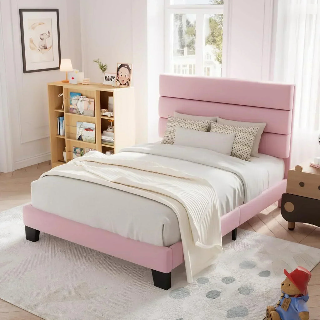 Allewie King size platform bed frame with velvet upholstered headboard and planks