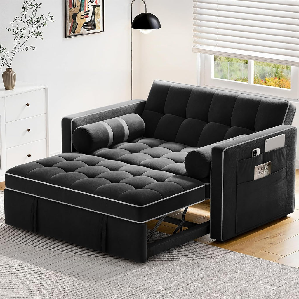 Pipishell 3 in 1 Convertible Sleeper Sofa Bed,Pull Out Couch for Living Room with USB Ports & Side Pockets,Adjustable Backrest,Velvet,Loveseat Sofa Bed,Futon Couches,Black