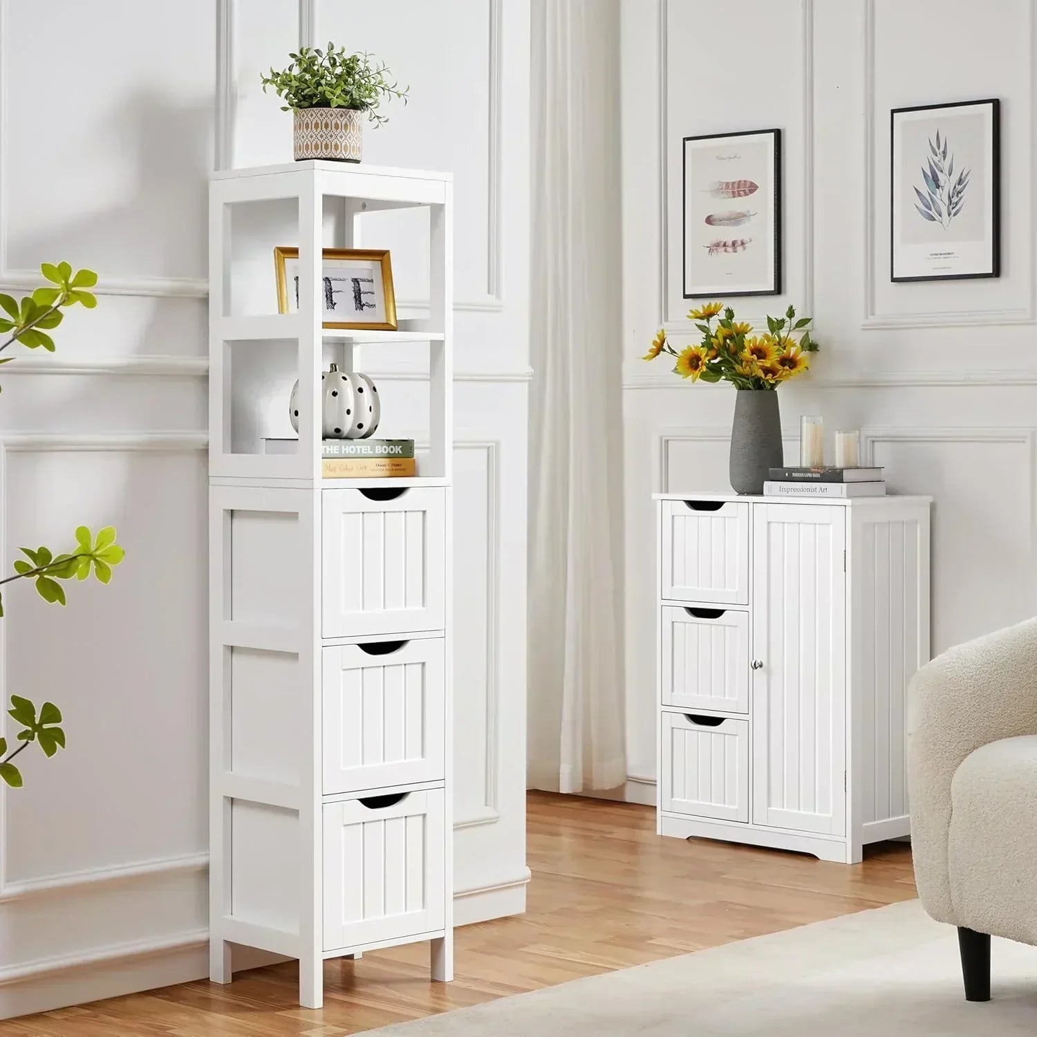 Bathroom Floor Cabinet Wooden Storage Cabinet with 2 Drawers Multifunctional Side Organizer Rack