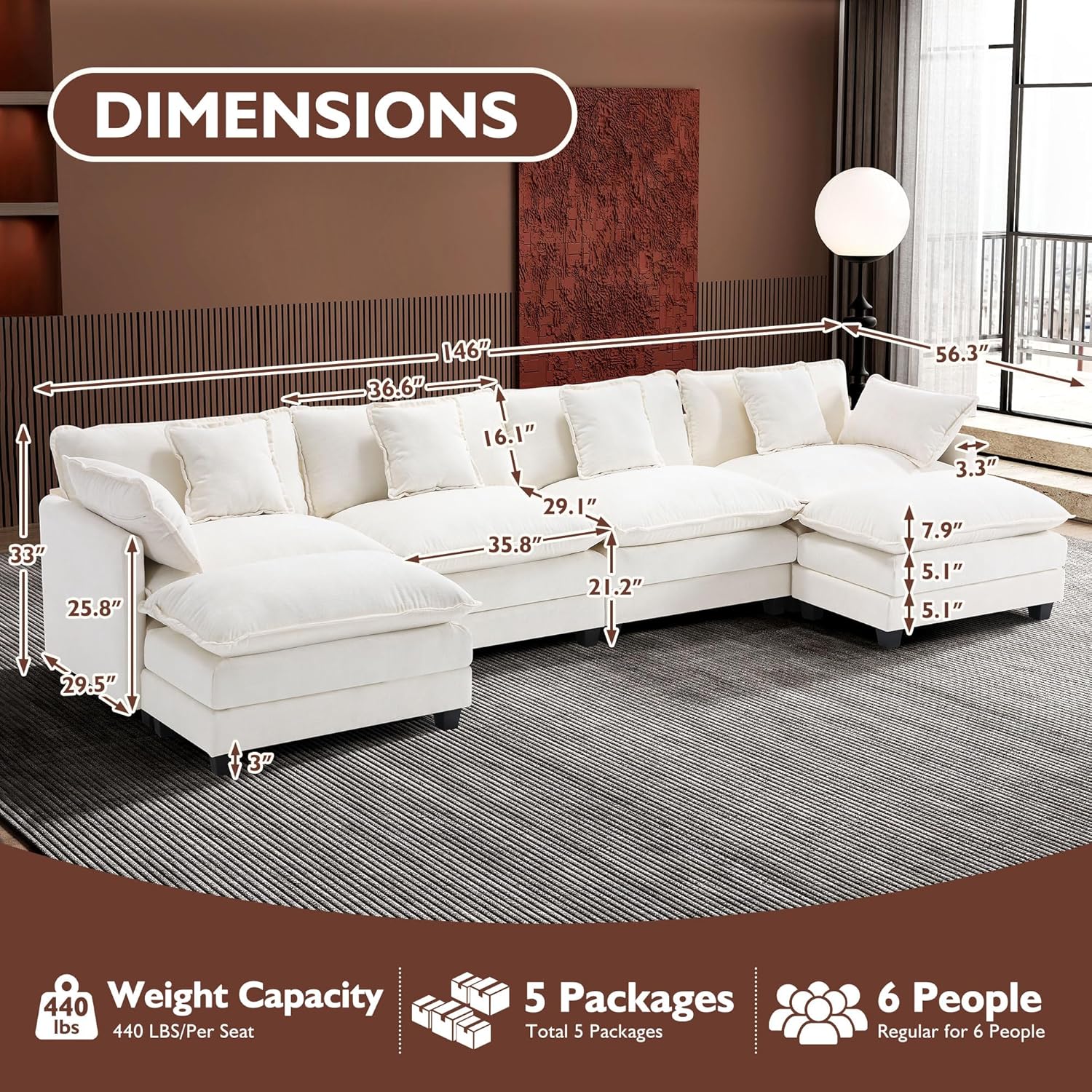 111.4 Inch L Shaped Modern Sofa Modular Cloud Sofa with Ottoman 4 Seater Chenille Deep Seat Sofa