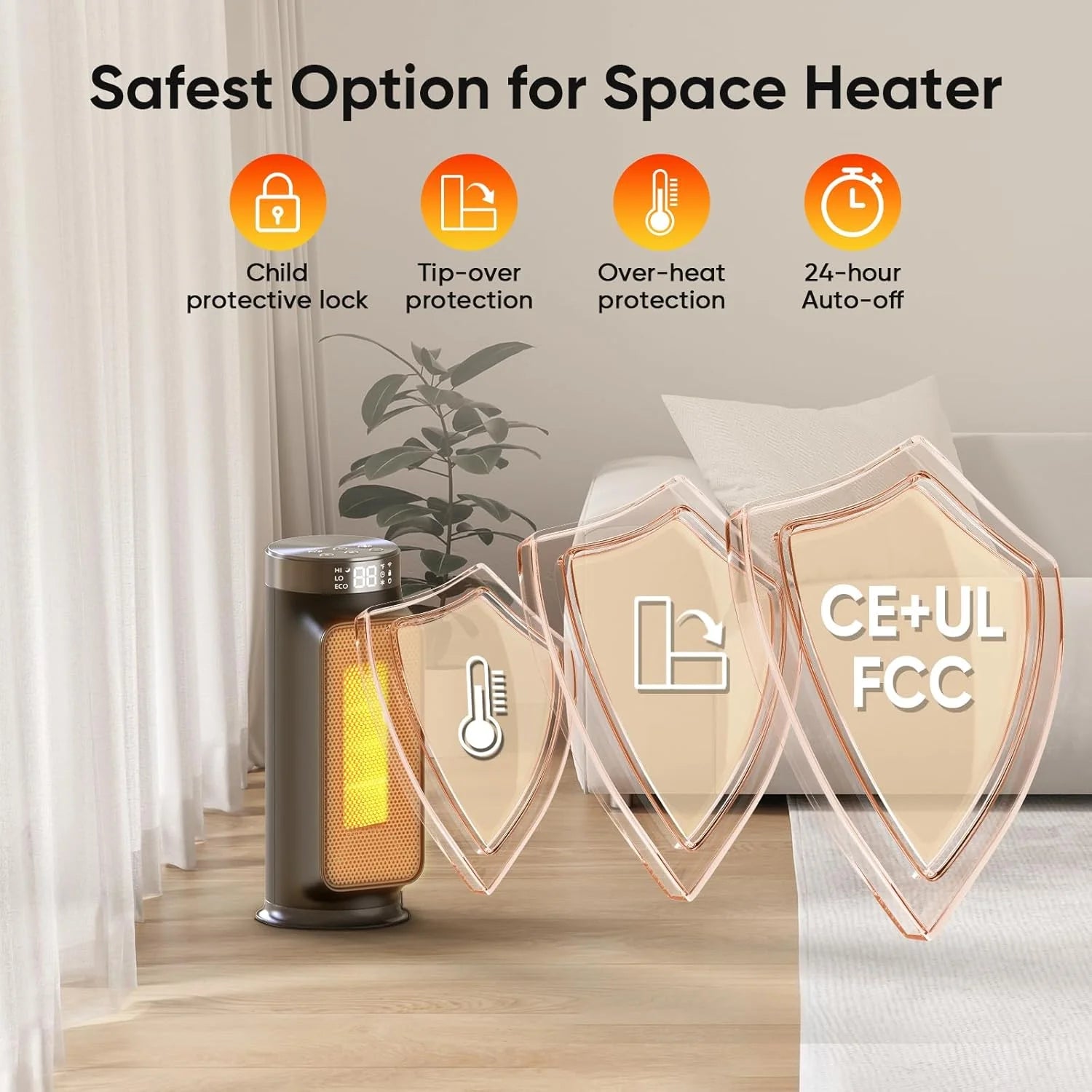 1500W Space Heaters for Indoor Use, Smart PTC Electric Heater with Wifi/App & Remote Control, 24H Timer, 90?? Oscillation, Overheat and Tip-Over Protection, 5 Modes for Home Office Bedroom Bathroom