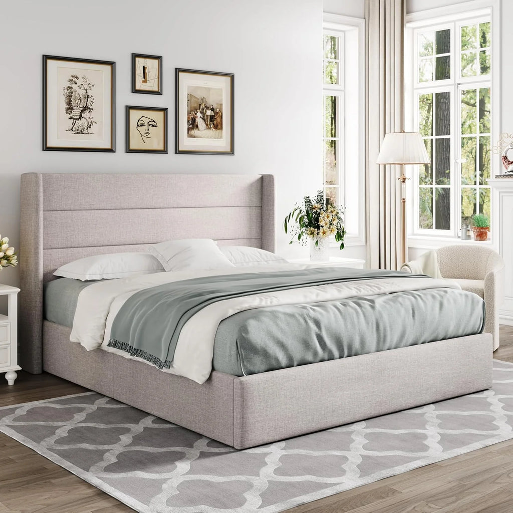 Allewie Queen Size Lift Up Storage Bed Modern Wingback Headboard Hydraulic Support