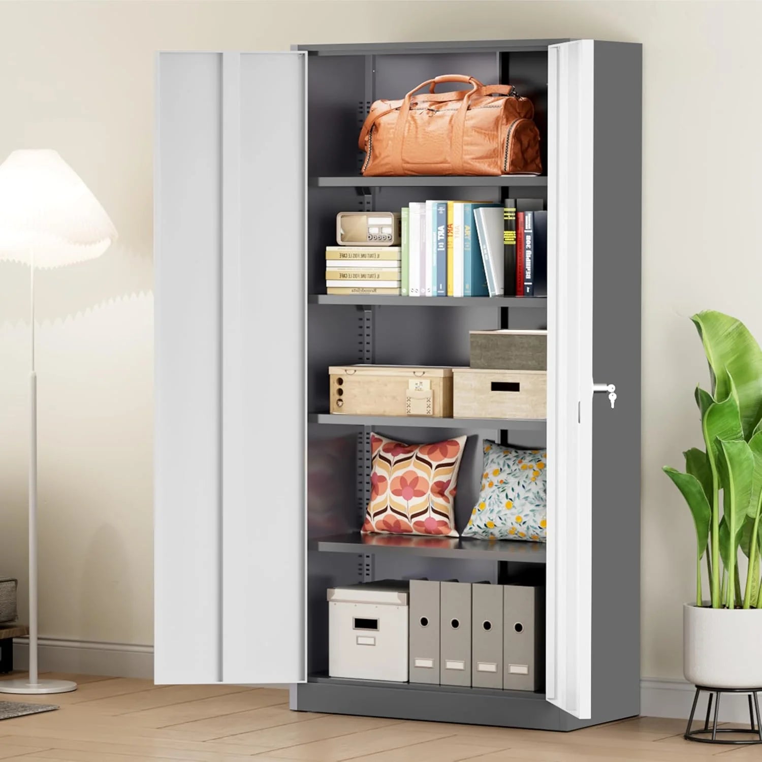 Greenvelly Metal Storage Cabinet, 72 Black Locking Metal Cabinet with 2 Doors and 4 Adjustable Shelves, Lockable Garage Storage Cabinets for Home Office, Garage, Kitchen, Living Room