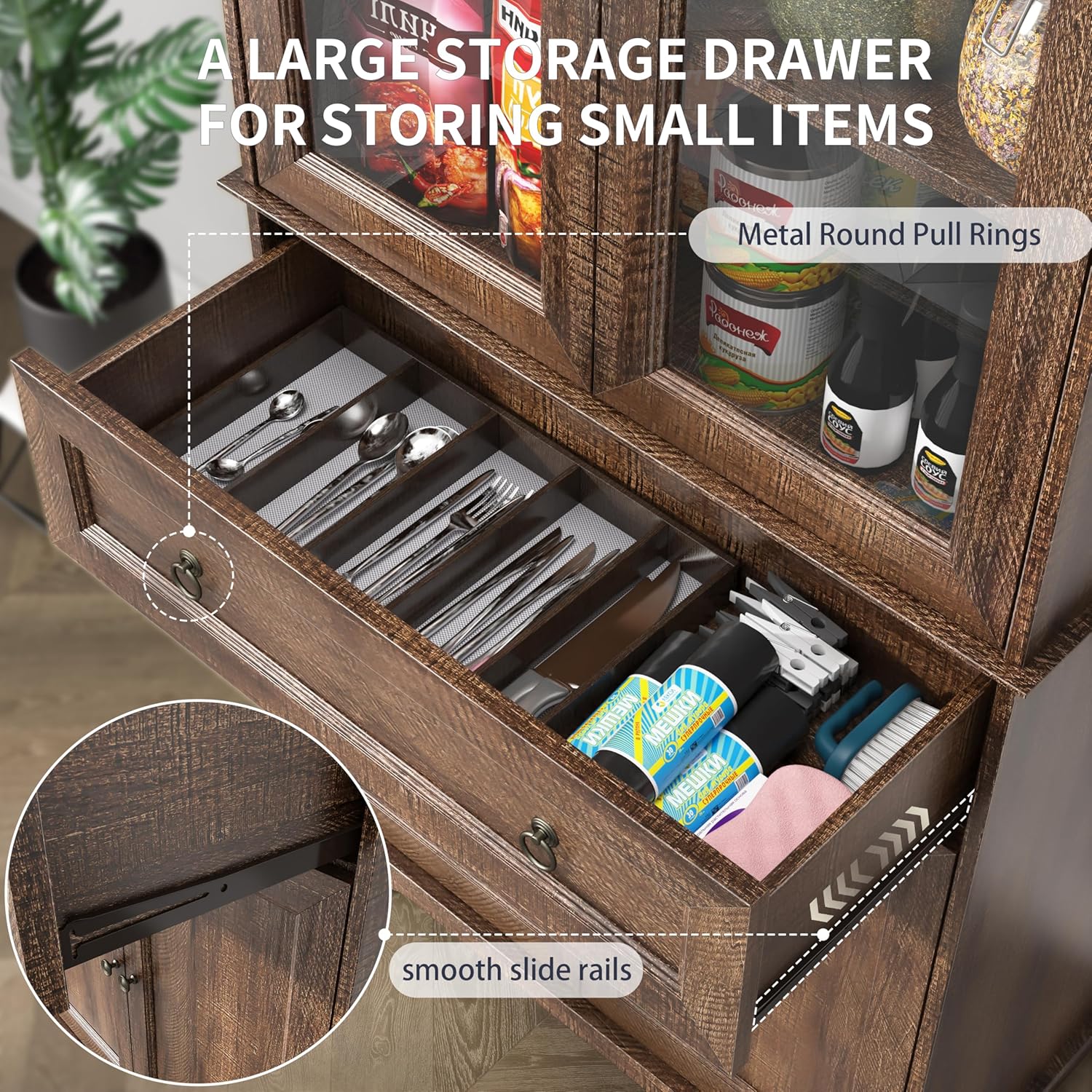 Kitchen Hutch Pantry Cabinet 71 Tall with Glass Doors