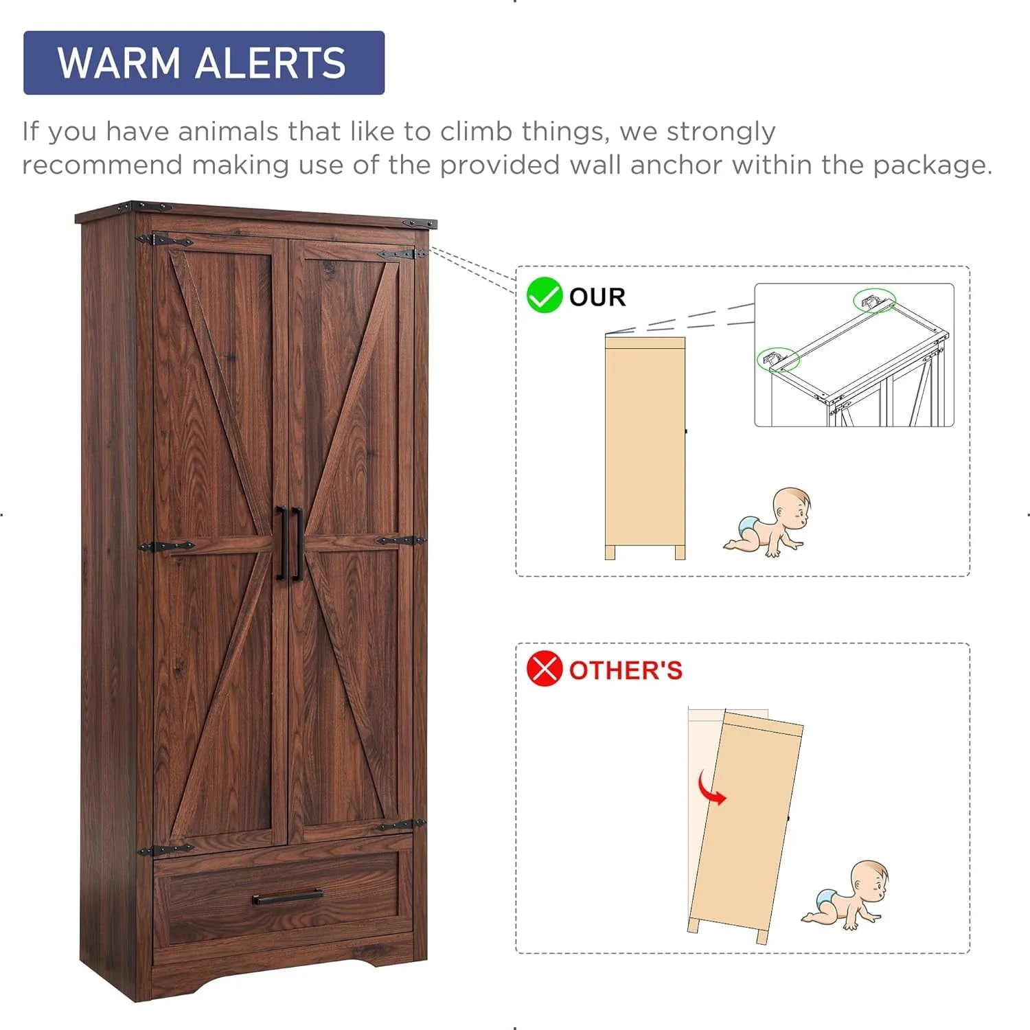 JXQTLINGMU Farmhouse Kitchen Pantry - 72 Tall Wood Kitchen Storage Cabinet with Adjustable Shelves and 2 Barn-Style Doors and Drawers